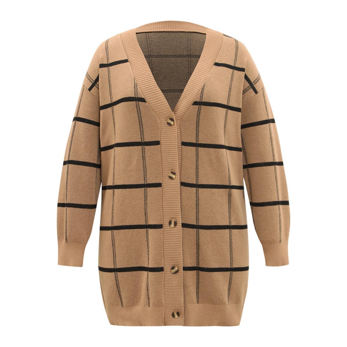 Plus Size Plaid Striped Button Through Cardigan Tan Women Casual Loose Long Sleeve Everyday Cardigans BloomChic 22-24/3X Product Image