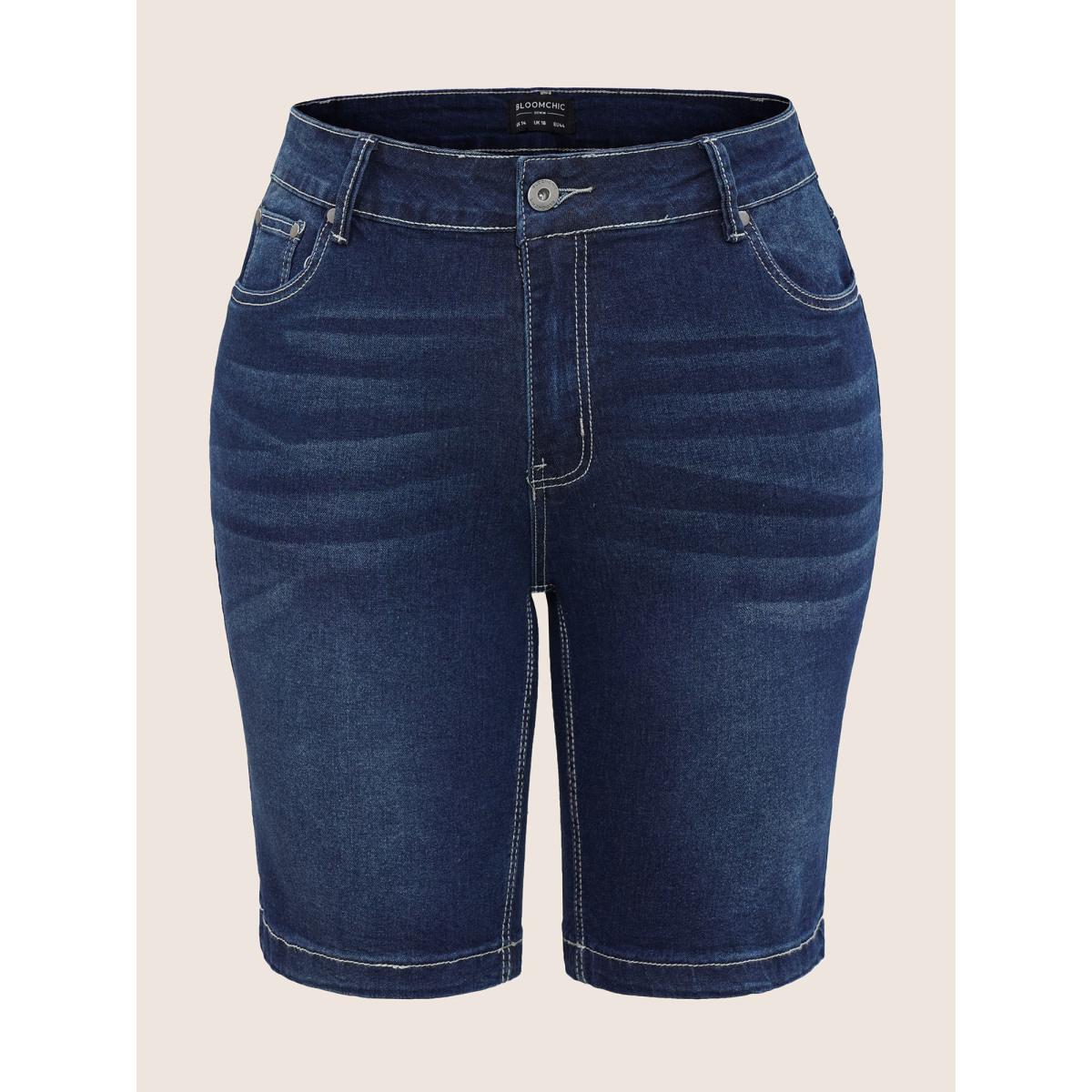 Plus Size Very Stretchy High Rise Dark Wash Denim Shorts Women Indigo Casual Plain High stretch Slanted pocket Jeans BloomChic 30/6X Product Image