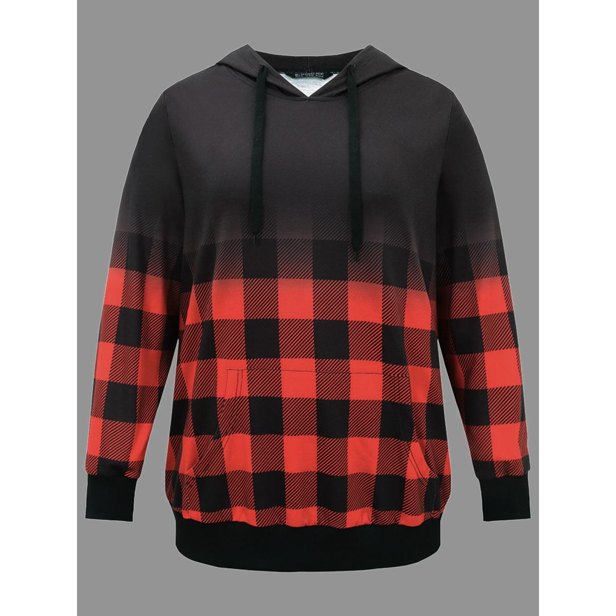 Plus Size Rib Knit Ombre Plaid Pocket Hooded Sweatshirt Women Red Casual Rib Knit Hooded Festival-Christmas Sweatshirts BloomChic 18-20/2X Product Image