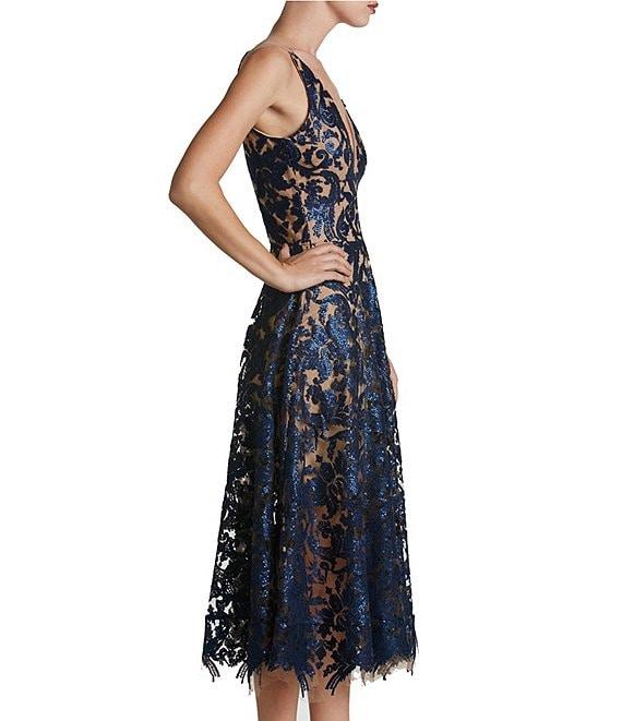Dress the Population Blair Sequin Embroidered Mesh V-Neck Sleeveless A-Line Midi Dress Product Image