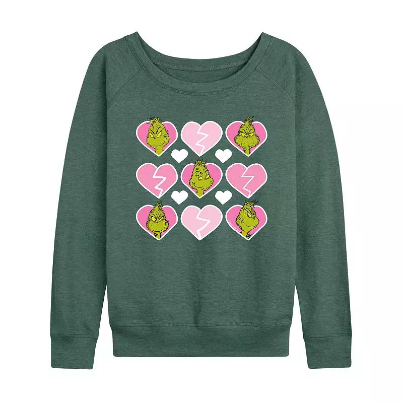 Womens Dr. Seuss Grinch Broken Heart French Terry Long Sleeve Tee Grey Green Product Image