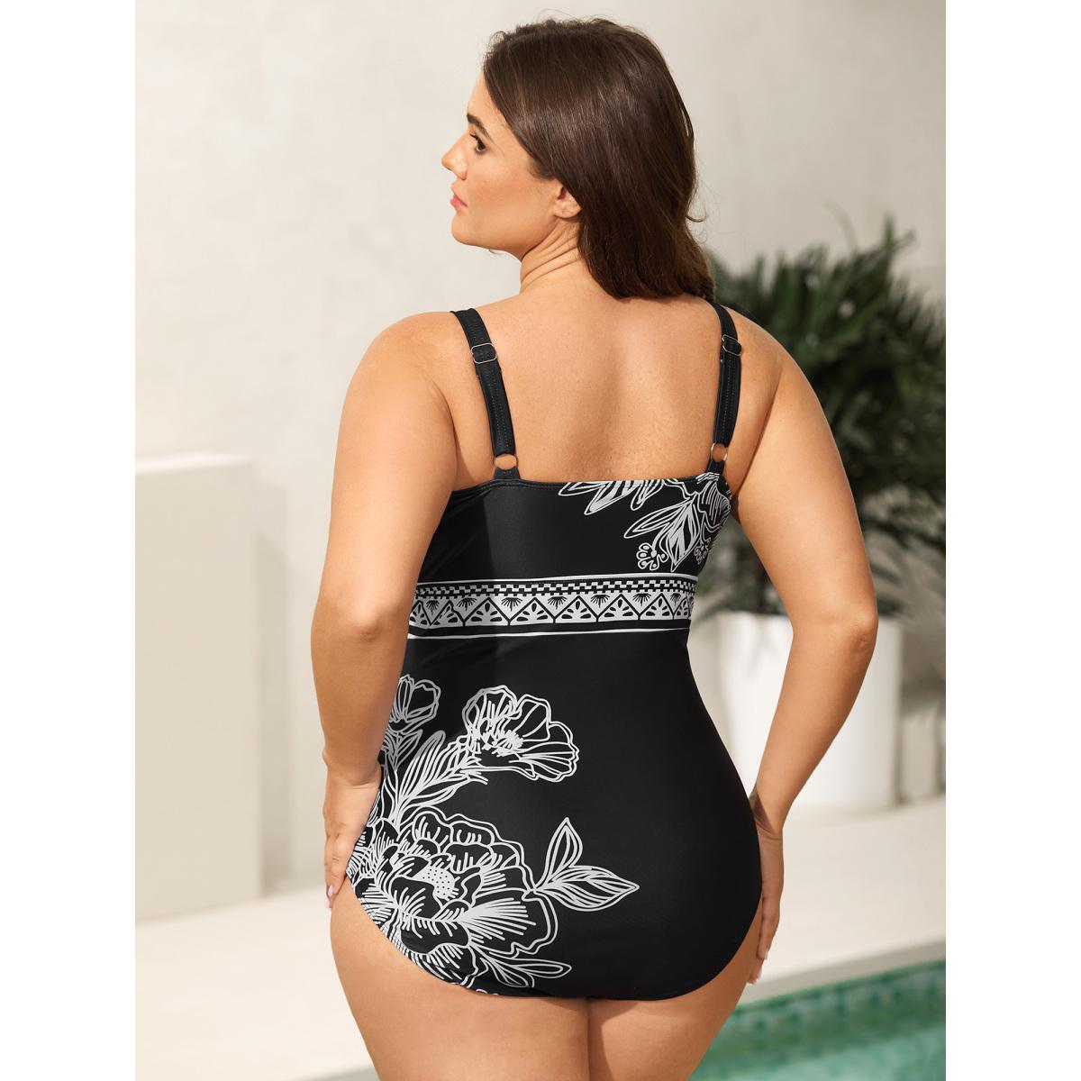 Plus Size Floral Pattern Ruched One-Piece Swimsuit Women's Swimwear Black Beach Gathered Curve Bathing Suits High stretch One Pieces BloomChic 12/L Product Image