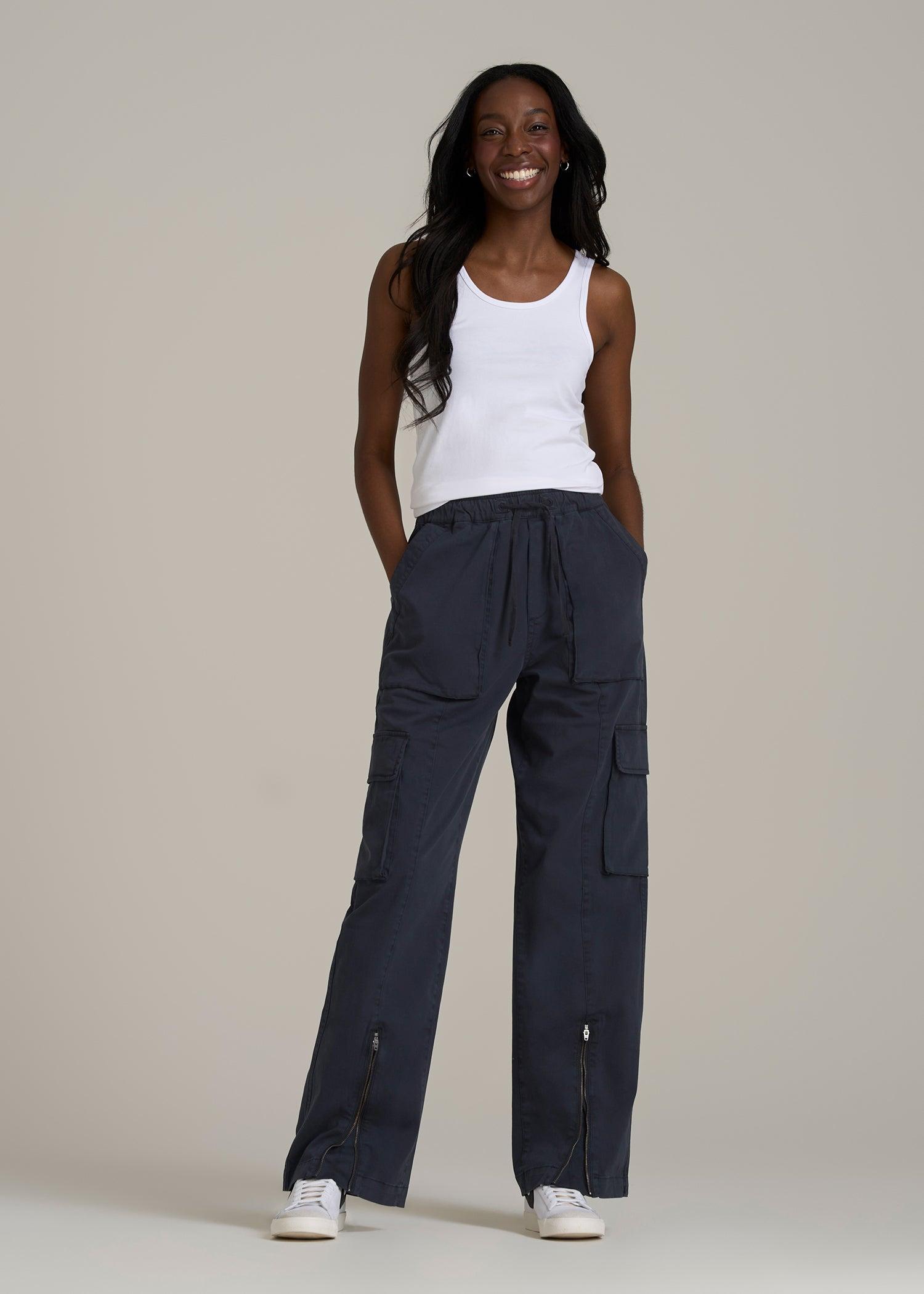 High Rise Garment Dyed Baggy Cargo Pants for Tall Women in Deep Navy Female Product Image