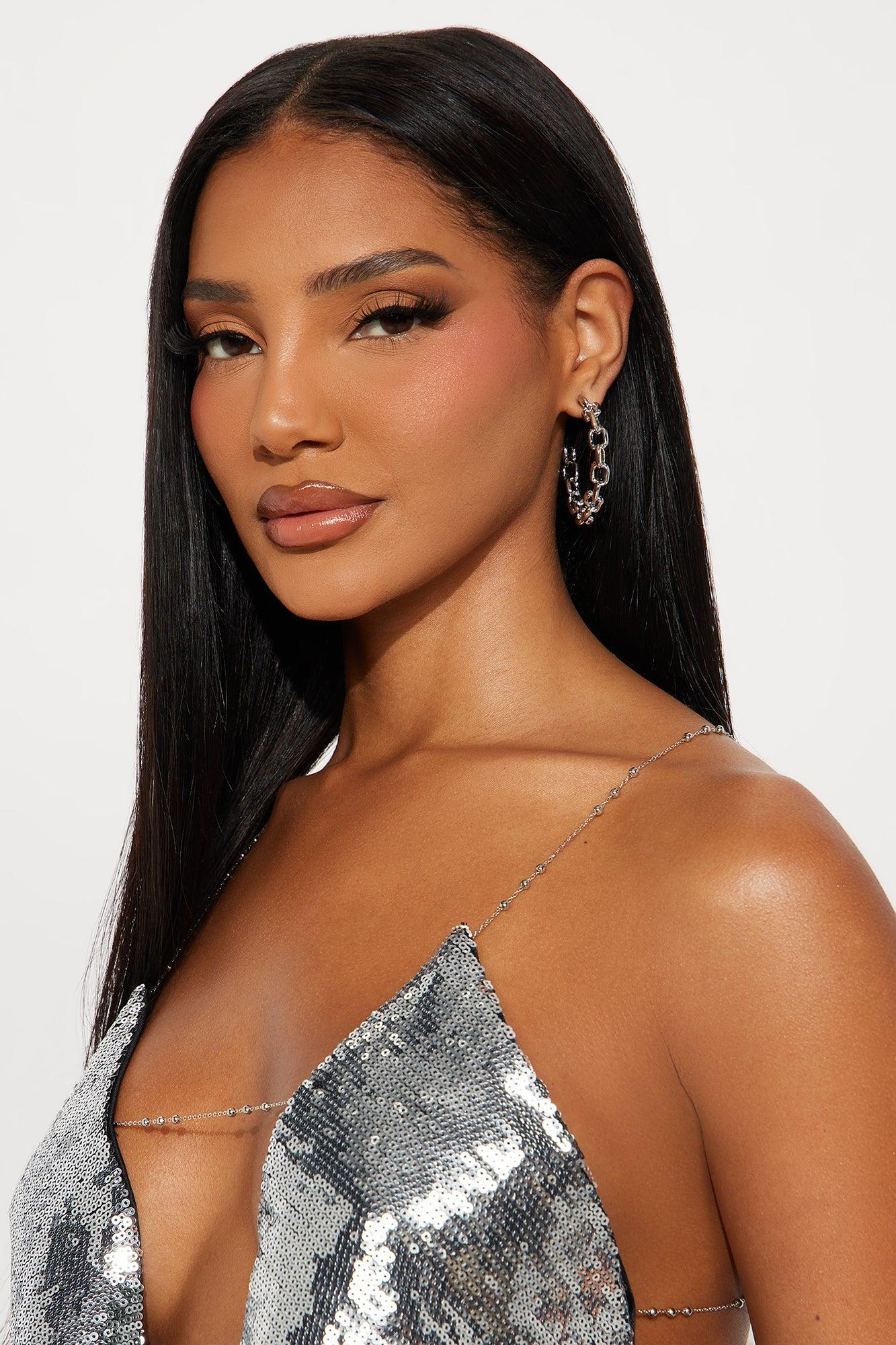 Chained Up To You Rhinestone Hoop Earrings - Silver Female Product Image