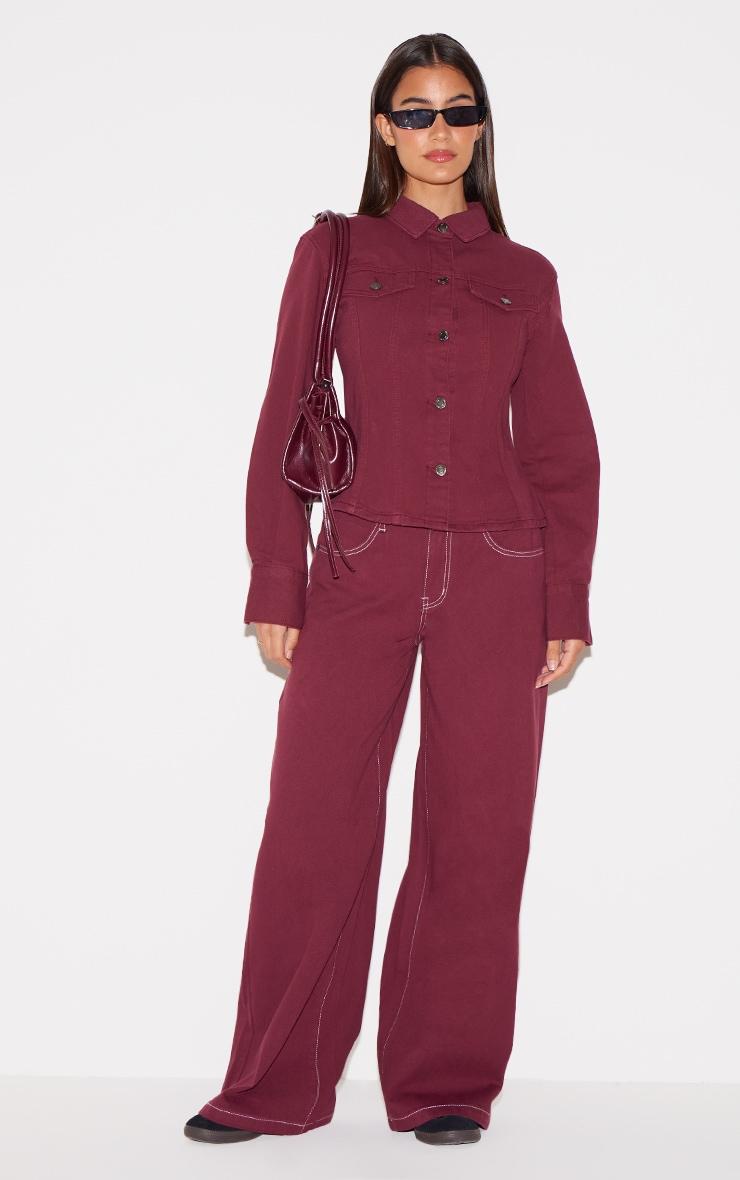 Burgundy Long Sleeve Cinch Waist Denim Jacket Product Image