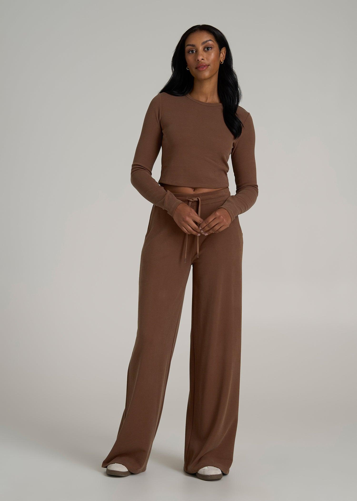 Cropped Long Sleeve Waffle Shirt for Tall Women in Otter Brown Product Image