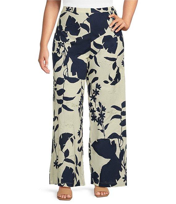Bryn Walker Plus Size Foglie Print Flat Front Elastic Waist Wide Full Leg Coordinating Pants Product Image