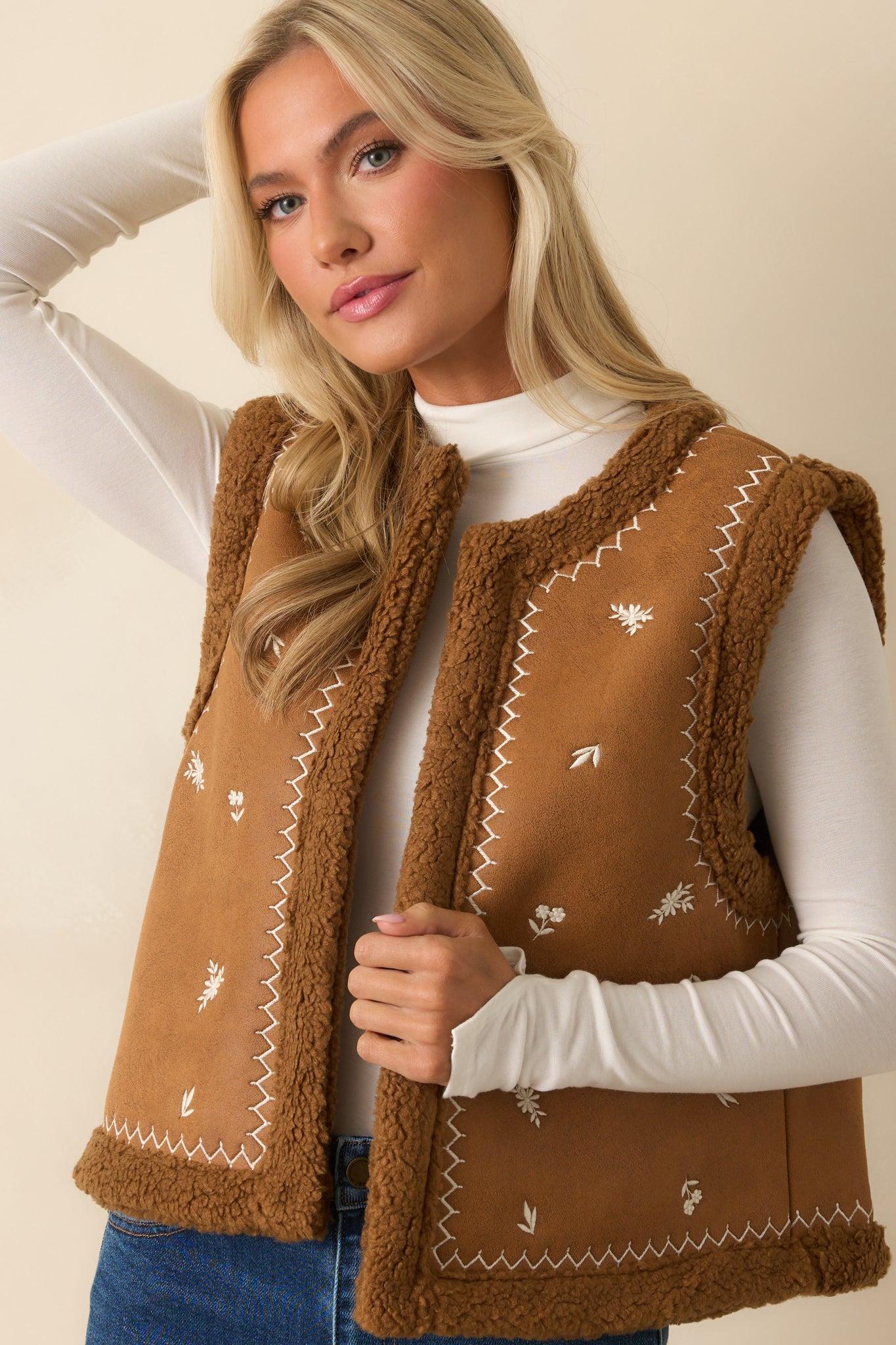 Go Ahead Then Caramel Brown Faux Suede Floral Embroidered Vest Product Image
