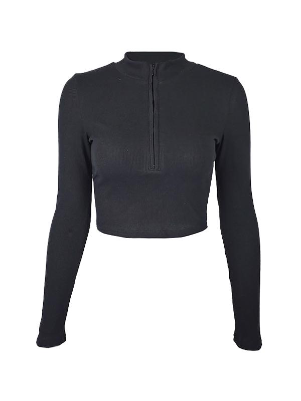 Solid Color Ribbed Zip Up Crop Long Sleeve Knit Product Image
