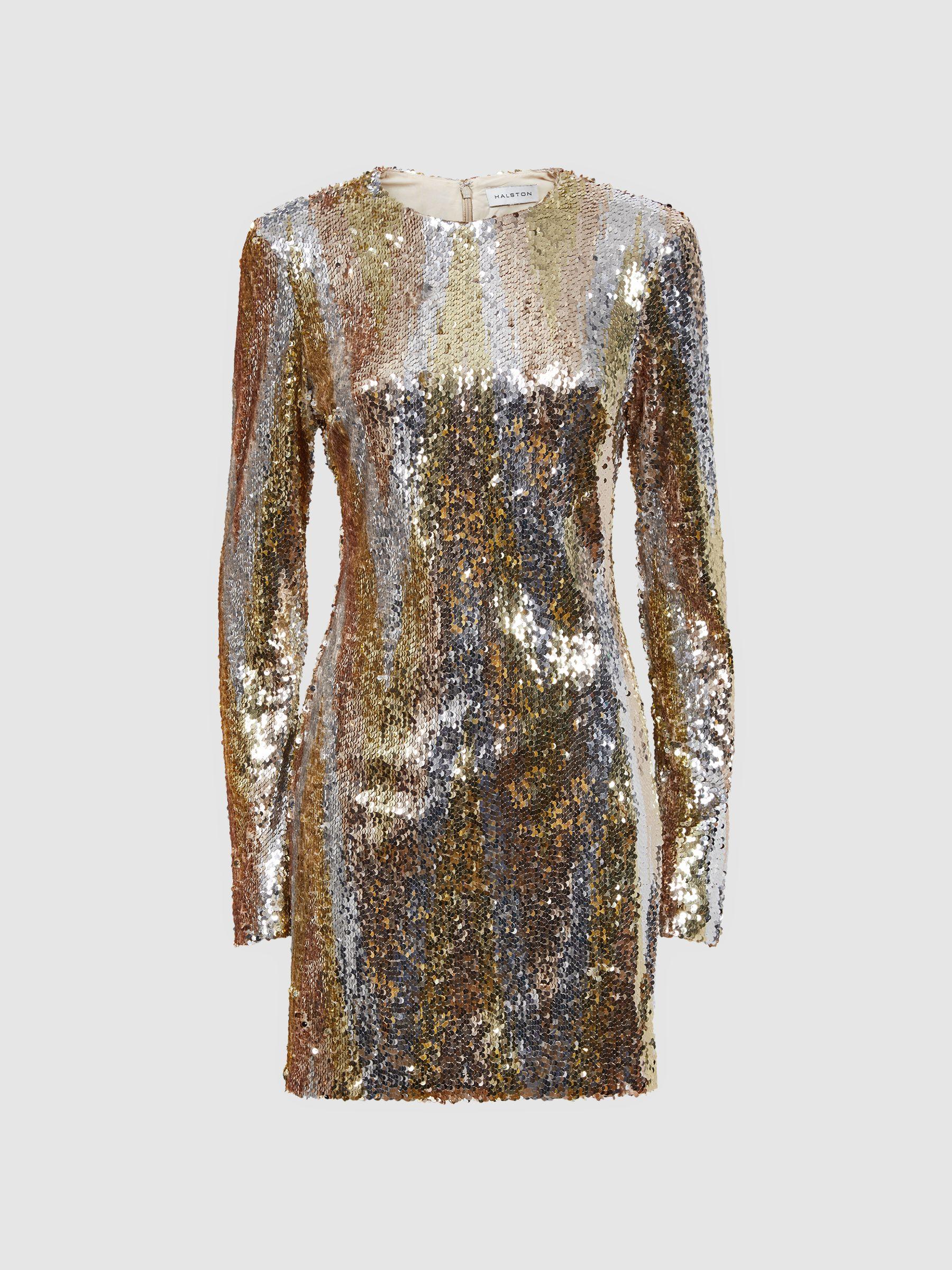 Halston Sequin Long Sleeve Mini Dress in Gold Product Image