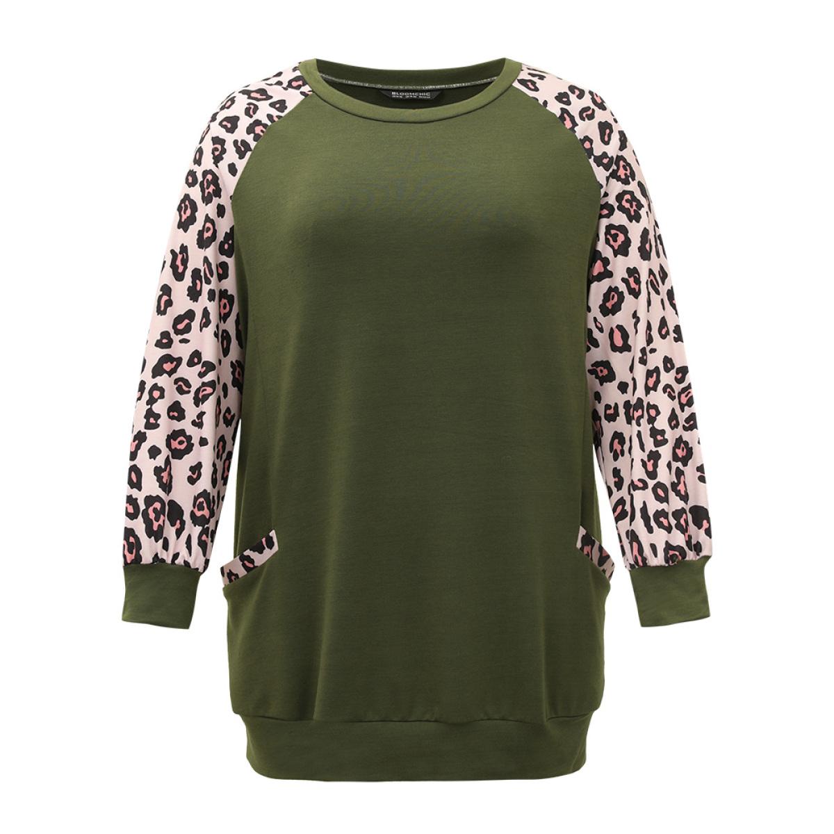 Plus Size Leopard Print Patchwork Contrast Pocket Raglan Sleeve Sweatshirt Women Green Casual Elastic cuffs Round Neck Dailywear Sweatshirts BloomChic 22-24/3X Product Image