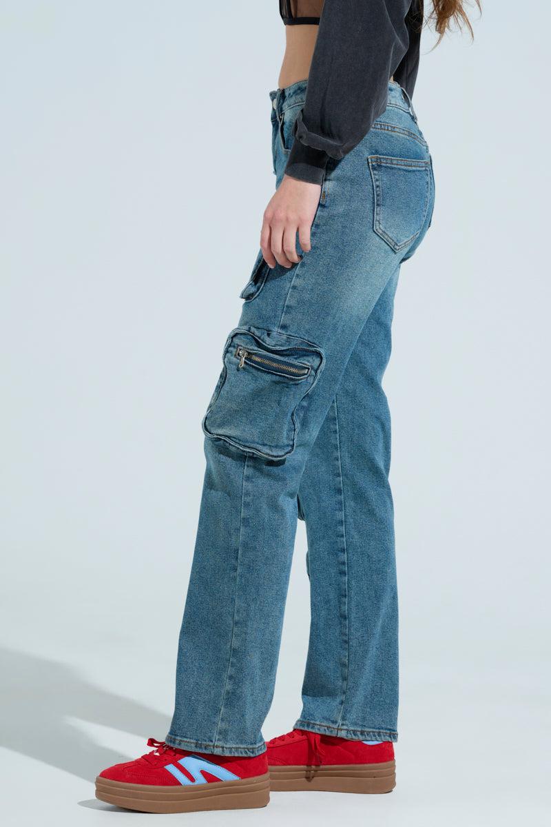 ALL OVER POCKET DETAIL RELAXED FIT JEANS IN MEDIUM BLUE DENIM Product Image
