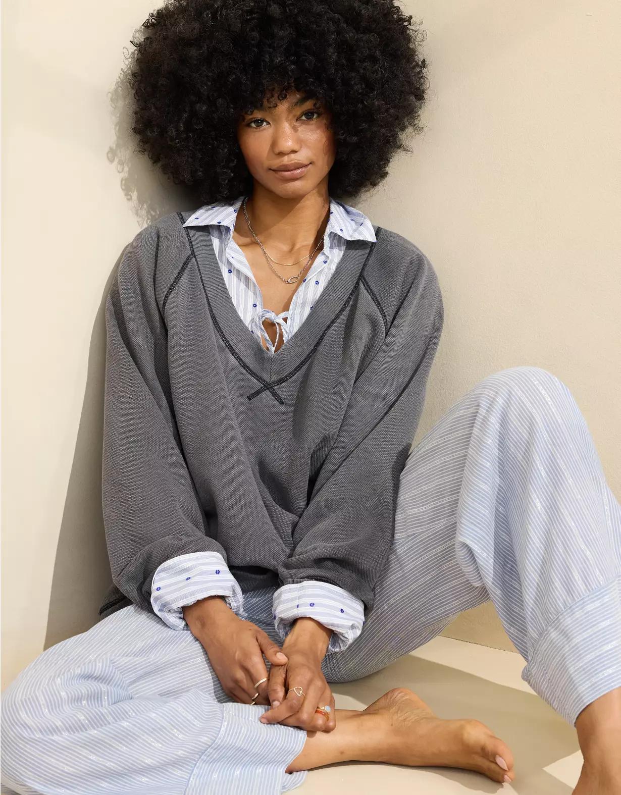 Aerie Downtime Textured V-Neck Sweatshirt Product Image