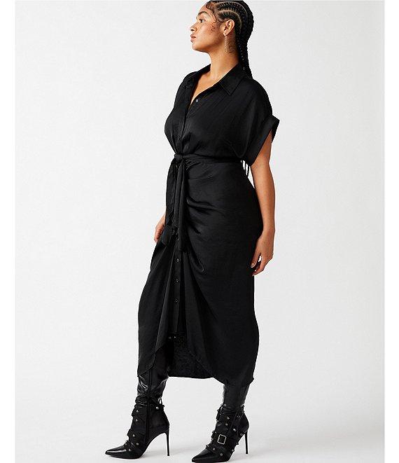 Steve Madden Tori Satin Point Collar Short Kimono Cuff Sleeve Belted Ruched Front Asymmetrical Hem Midi Shirt Dress Product Image