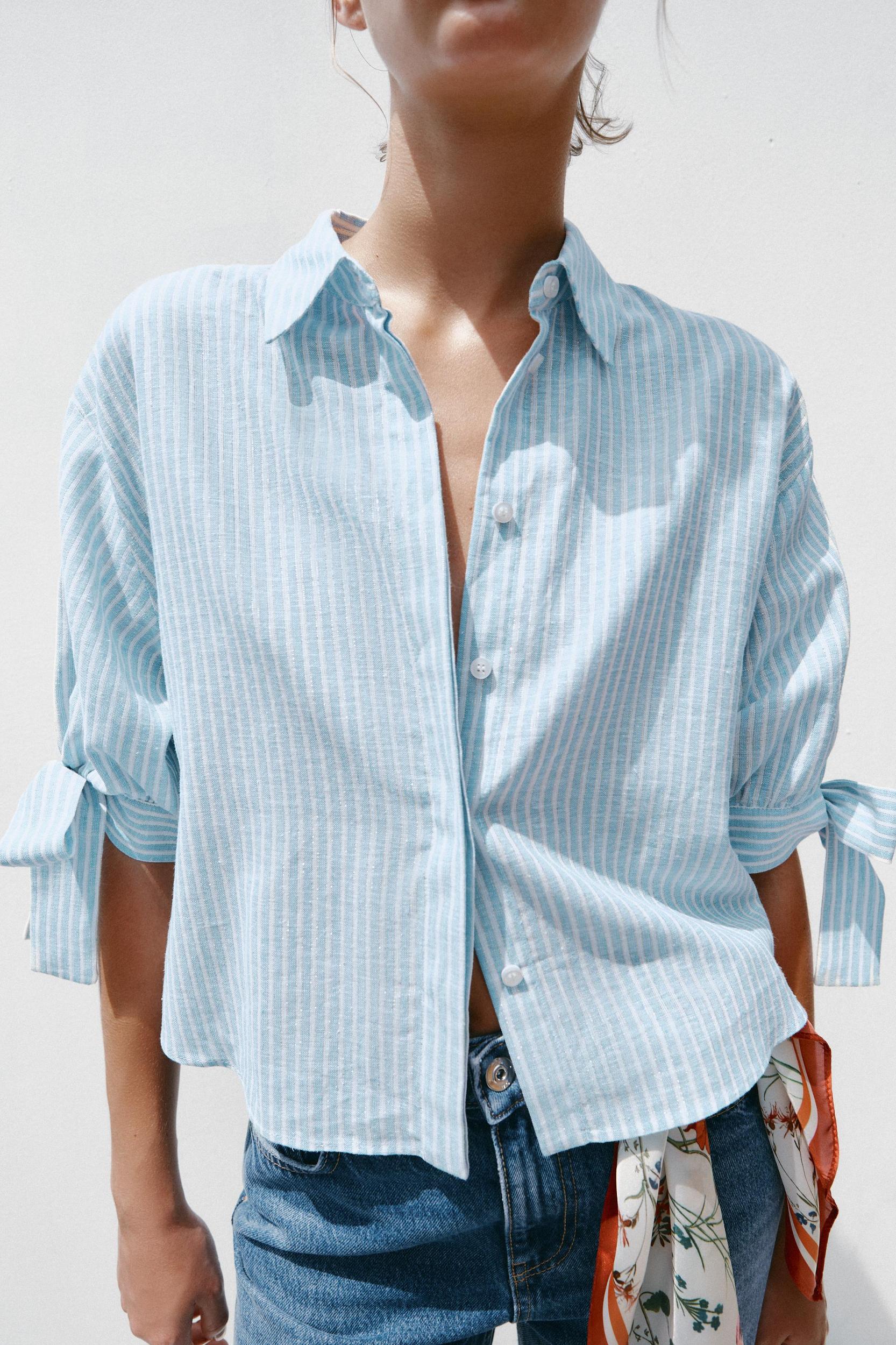 STRIPED LINEN BOW SHIRT Product Image