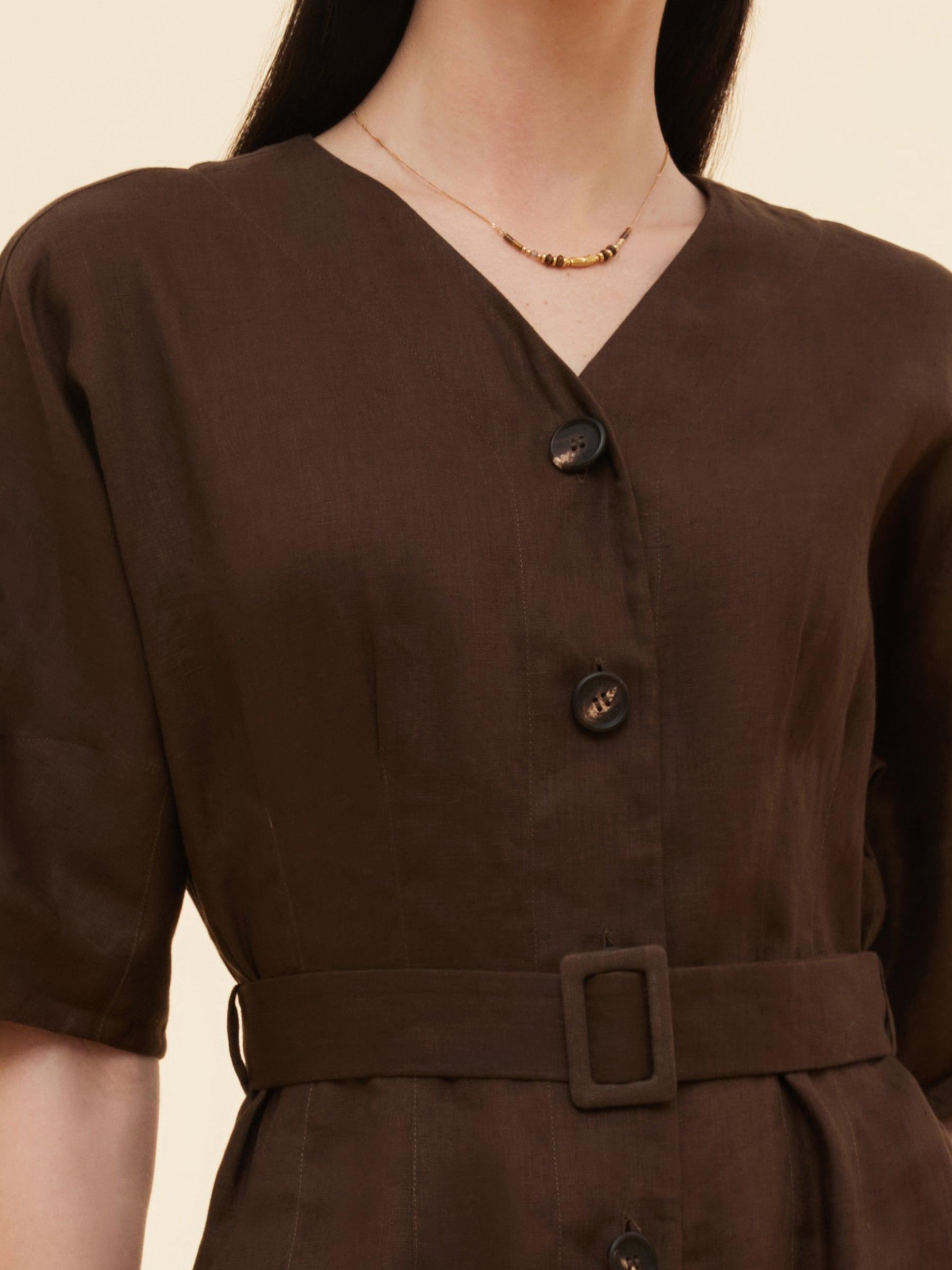 100% Linen Women V-Neck Midi Dress With Belt Product Image