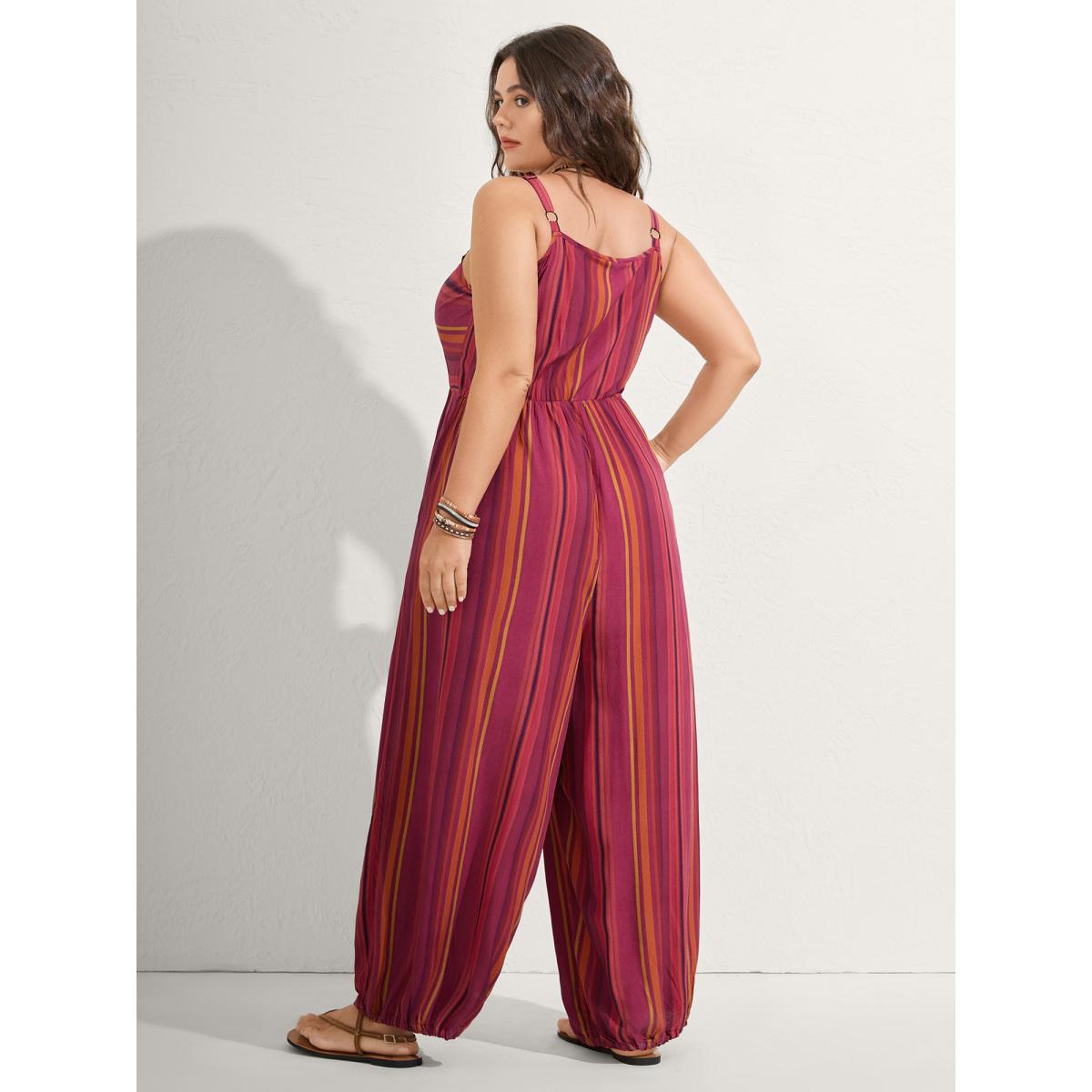 Plus Size Russet Rayon Stripe Print Stretchy Hem Cami Jumpsuit Women Boho Sleeveless V-neck Vacation Loose Jumpsuits BloomChic 18-20/2X Product Image