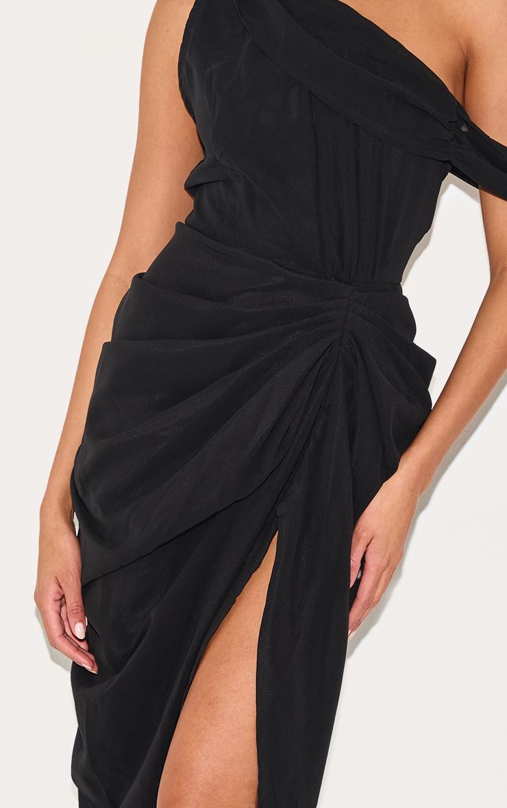 Black Chiffon Asymmetric Strap Draped Midi Dress Product Image