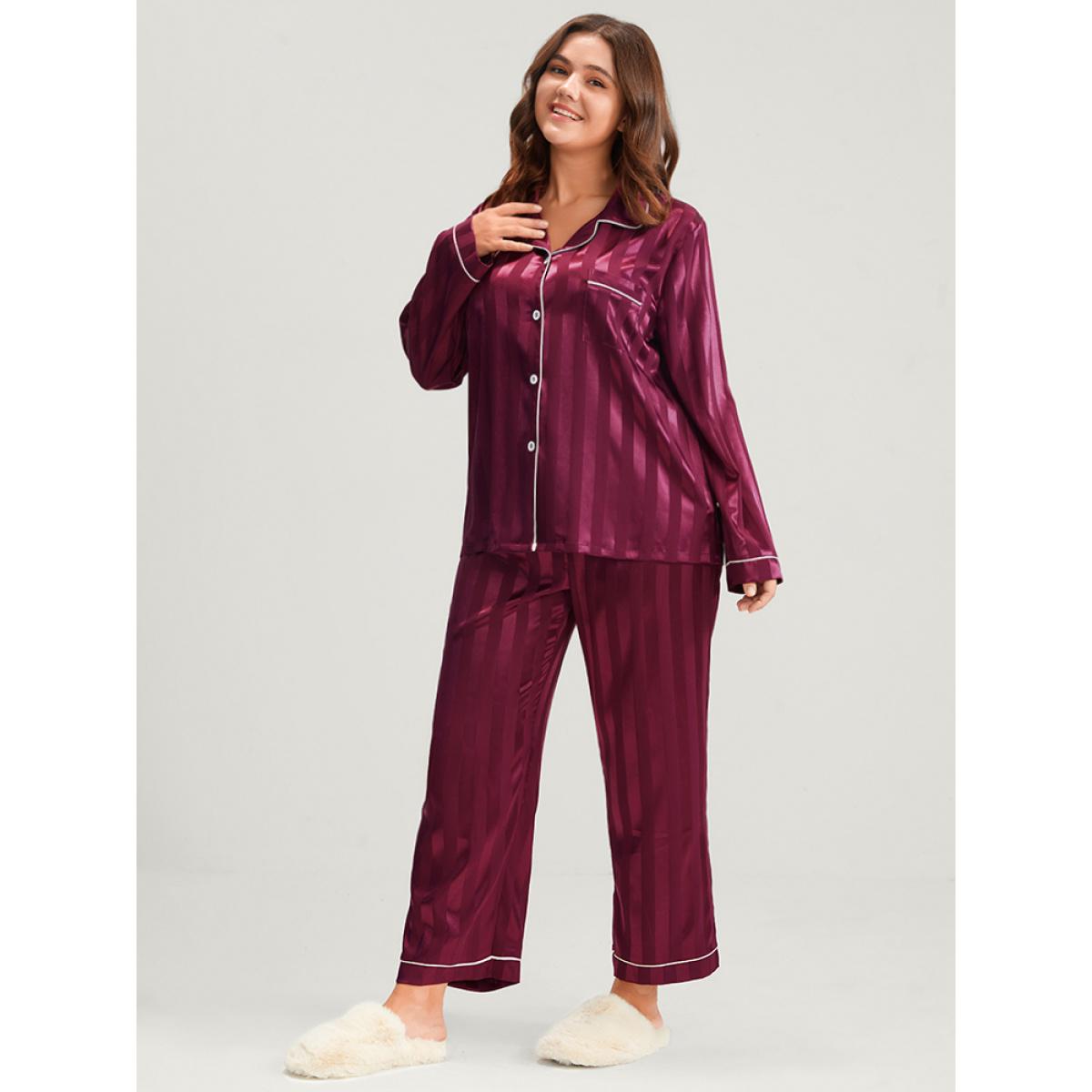 Plus Size Solid Striped Button Satin Pajama Set Women Burgundy Plain Patchwork Long Sleeve Shirt collar Casual Loungewear Sets BloomChic 30/6X Product Image