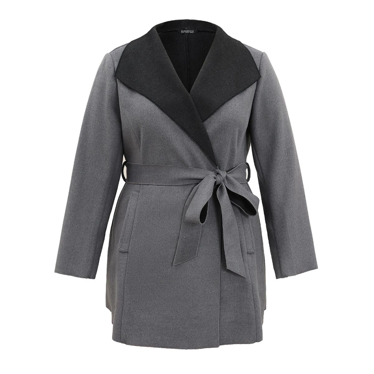 Plus Size Lapel Collar Contrast Belted Coat Women Gray Elegant Belted Ladies Everyday Winter Coats BloomChic 28/5X Product Image