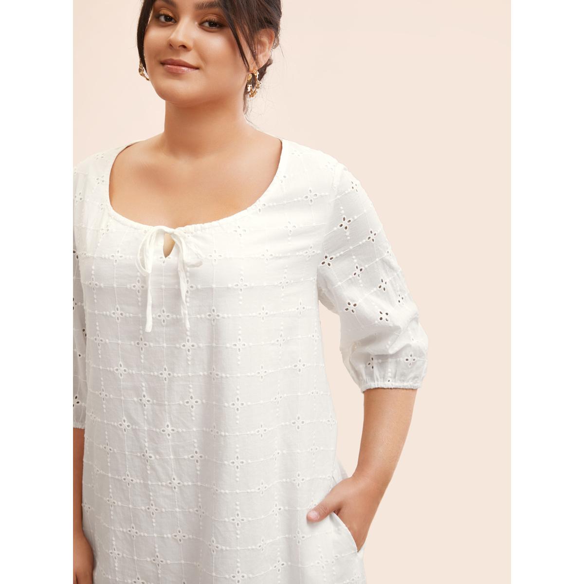 Plus Size Solid Broderie Anglaise Tie Knot Dress Originalwhite Women Casual Tie knot Round Neck Elbow-length sleeve Curvy BloomChic 10/M Product Image