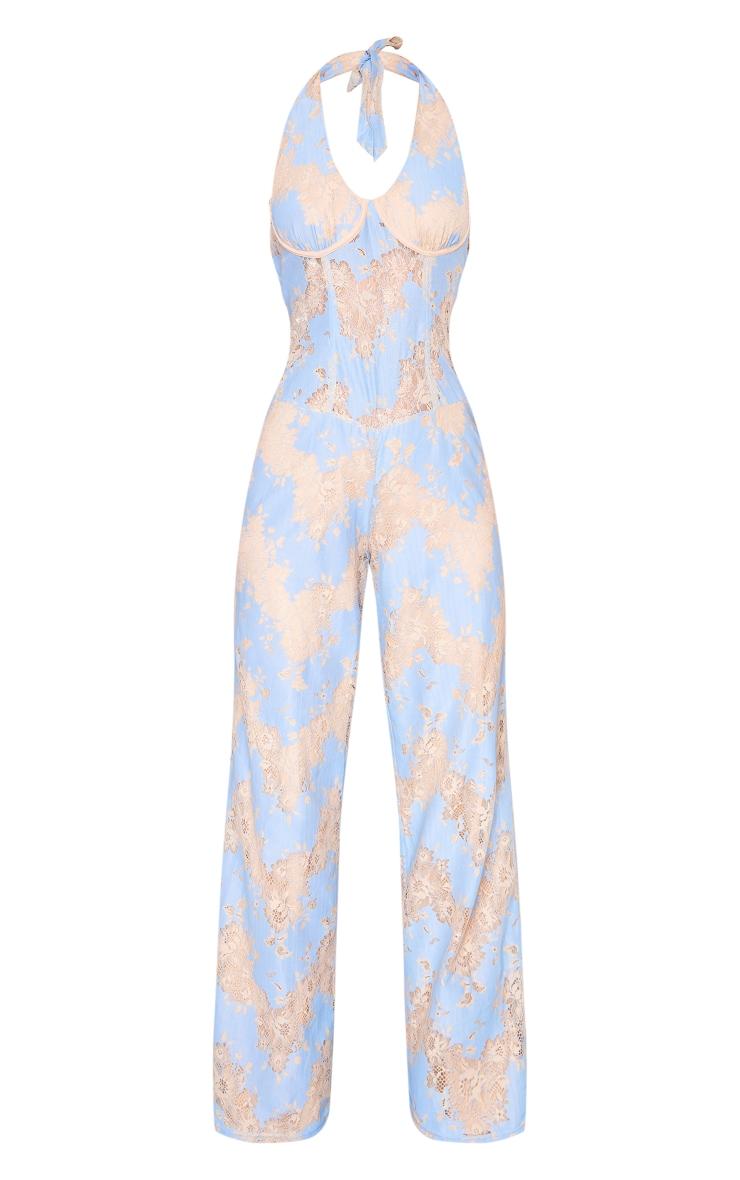 Blue Lace Underwired Corset Halter Jumpsuit Product Image