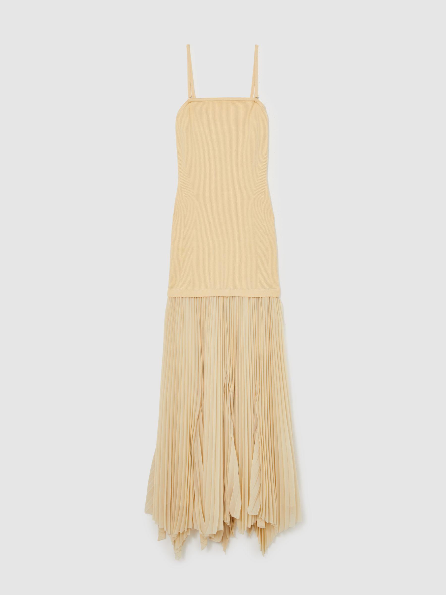 Pleated Skirt Ribbed Midi Dress in Yellow Product Image