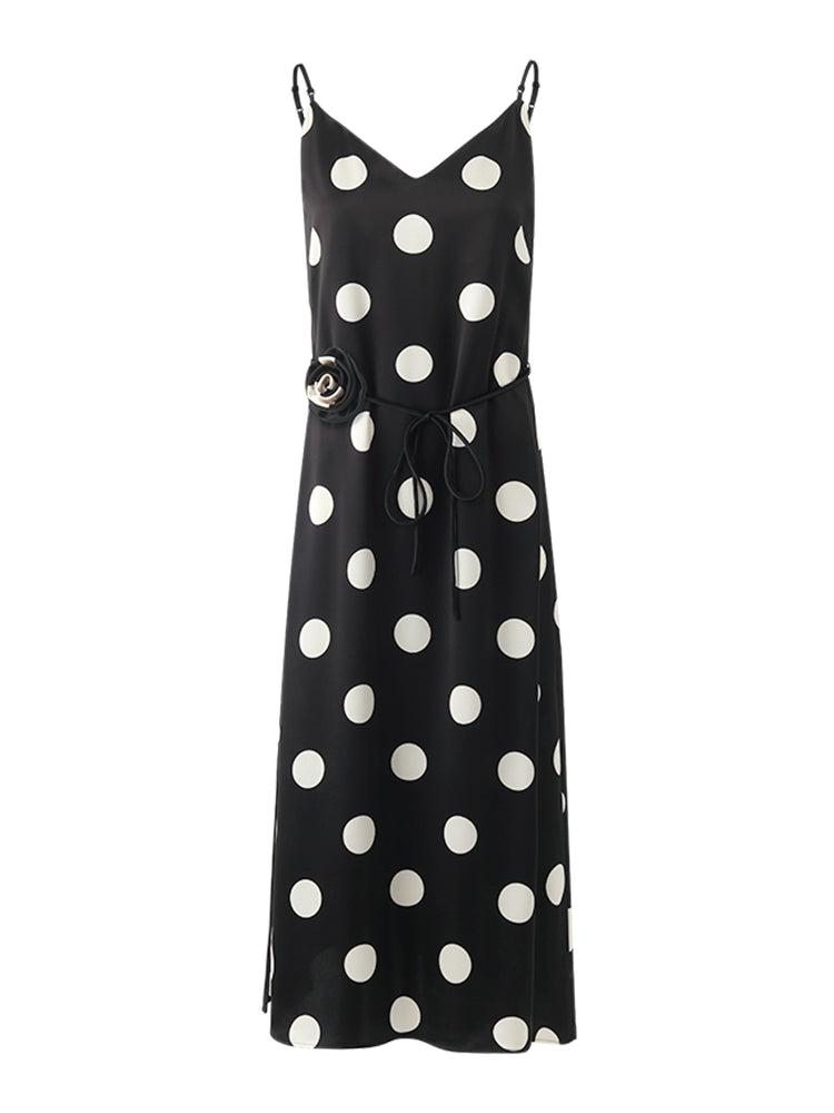 Acetate Polka Dots Print Spaghetti Strap Women Midi Dress With Rose Be Product Image