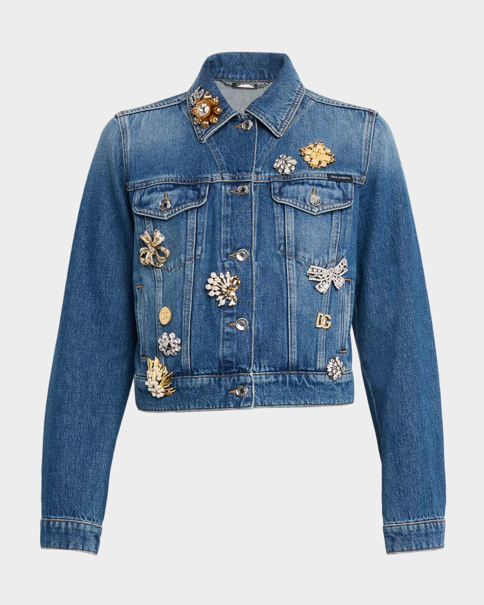 Brooch Embellished Crop Denim Jacket Product Image