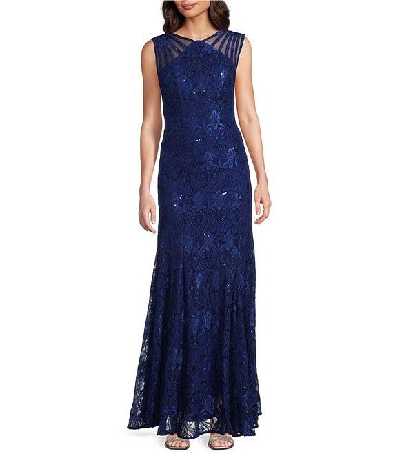 R & M Richards Petite Size Sleeveless Lace Round Neck Fit and Flare Dress Product Image