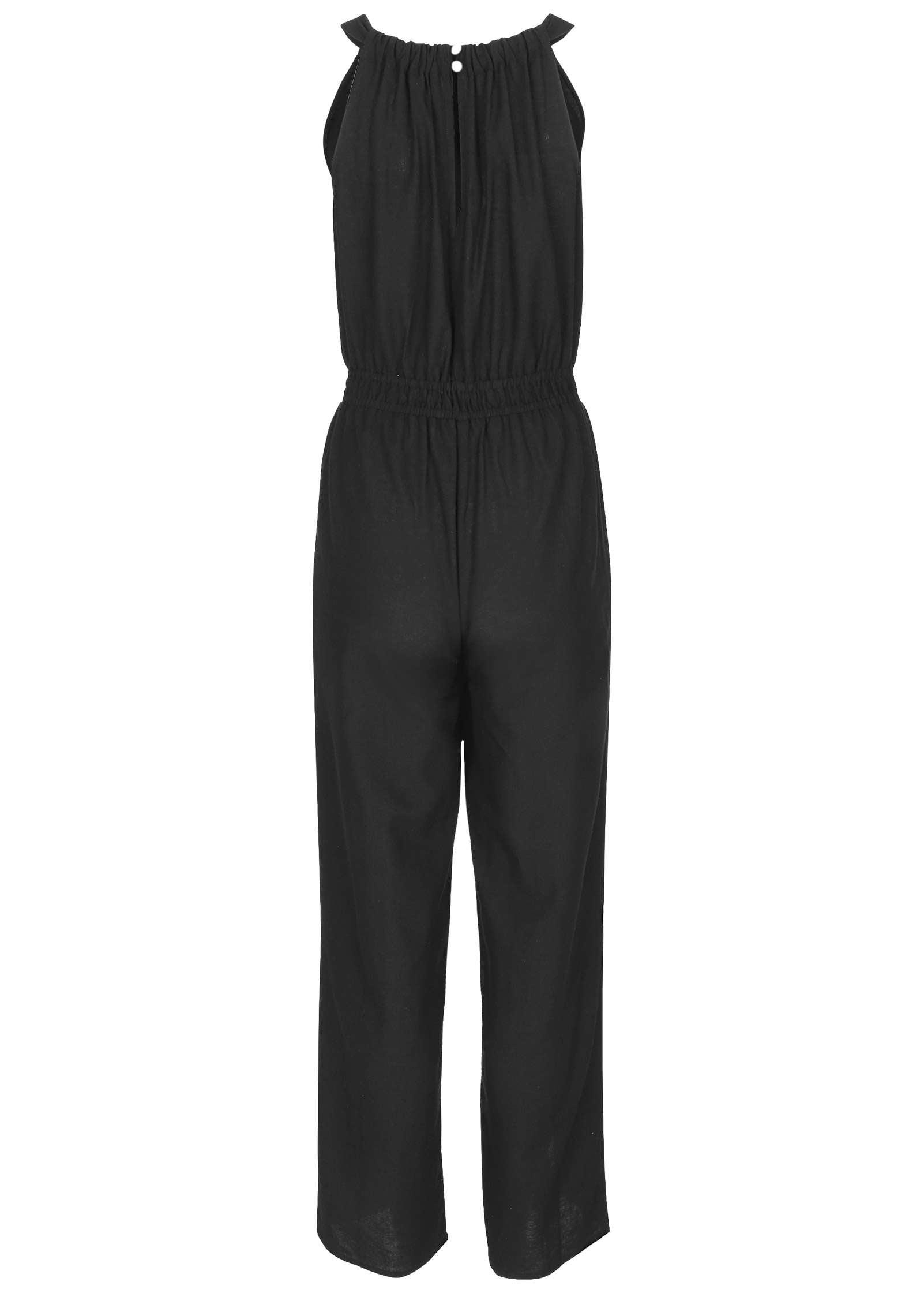 Linen Front Slit Jumpsuit - Black Product Image