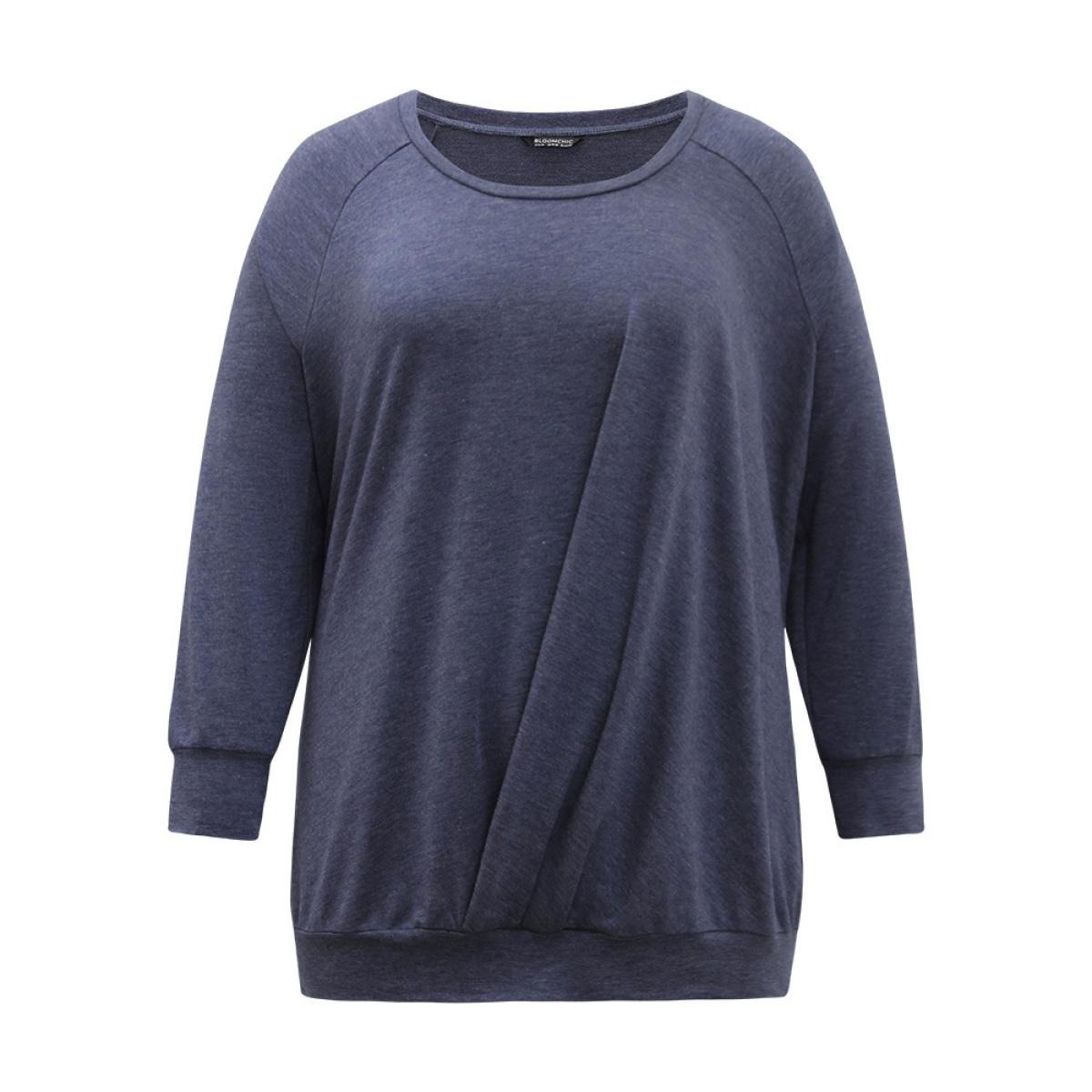 Plus Size Solid Plicated Detail Raglan Sleeve Sweatshirt Women DarkBlue Elegant Elastic cuffs Round Neck Dailywear Sweatshirts BloomChic 18-20/2X Product Image