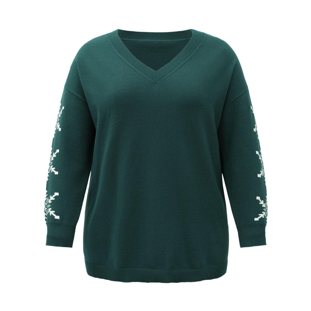 Plus Size Supersoft Essentials Snowflake Print V Neck Pullover DarkGreen Women Casual Loose Long Sleeve V-neck Festival-Christmas Pullovers BloomChic 12/L Product Image