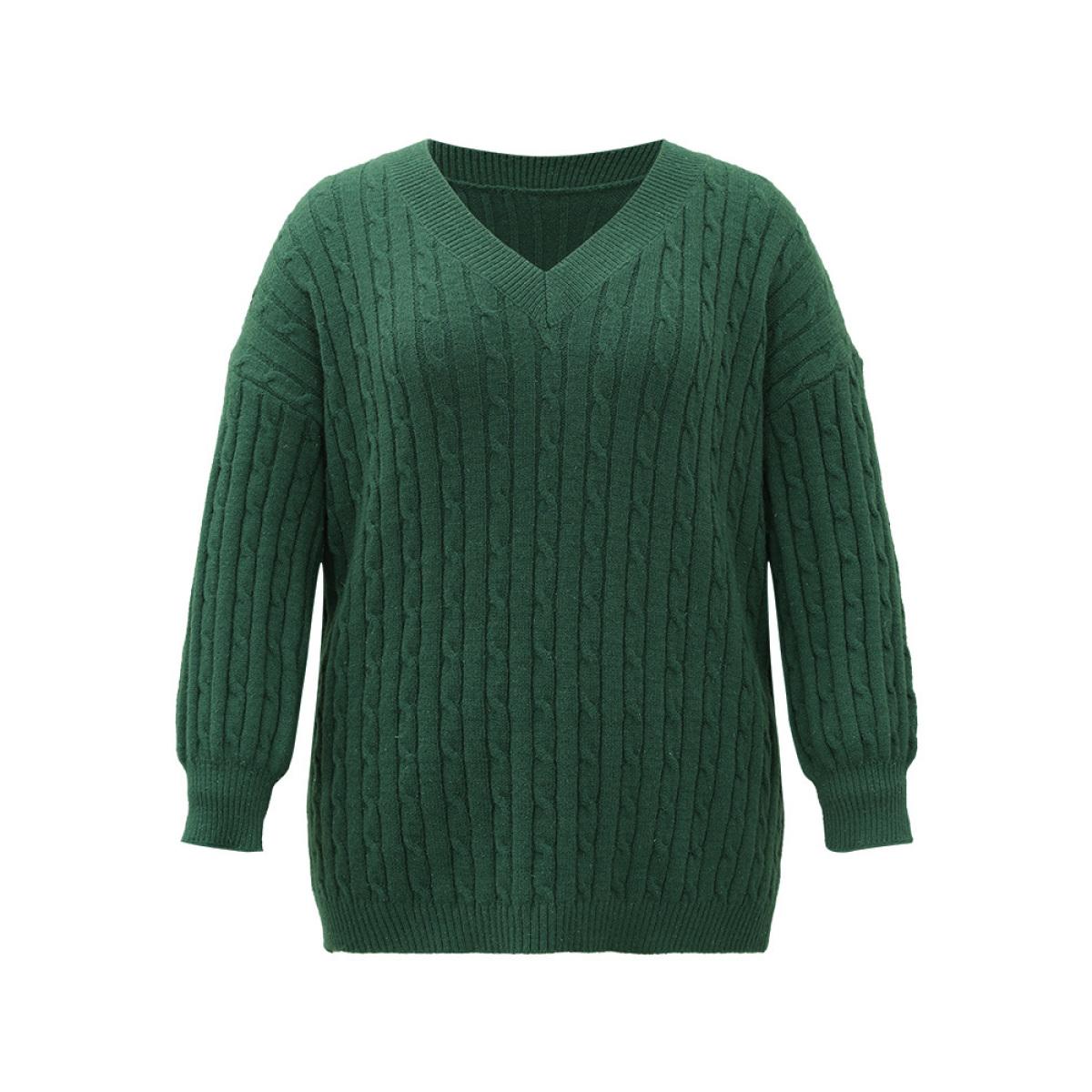 Plus Size Lurex Cable Knit Plain V Neck Pullover DarkGreen Women Casual Loose Long Sleeve V-neck Dailywear Pullovers BloomChic 26/4X Product Image