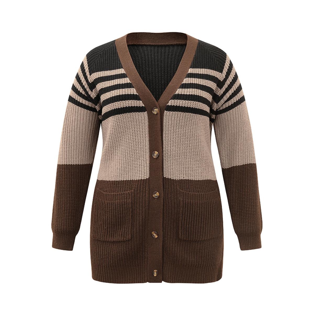 Plus Size Striped Colorblock Patched Pocket Cardigan Multicolor Women Casual Loose Long Sleeve Dailywear Cardigans BloomChic 12/L Product Image