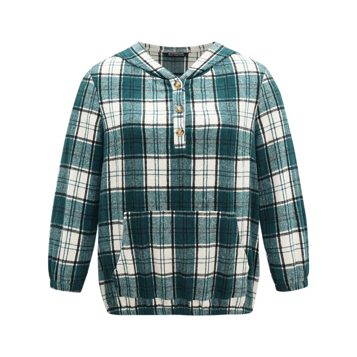 Plus Size Plaid Button Up Hooded Pocket Sweatshirt Women Green Casual Elastic cuffs Hooded Dailywear Sweatshirts BloomChic 26/4X Product Image