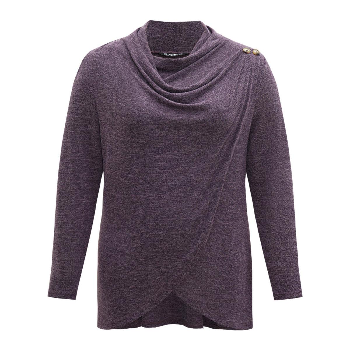 Plus Size Plain Heather Cowl Neck Button Detail Sweatshirt Women Purple Casual Overlapping Cowl Neck Everyday Sweatshirts BloomChic 18-20/2X Product Image