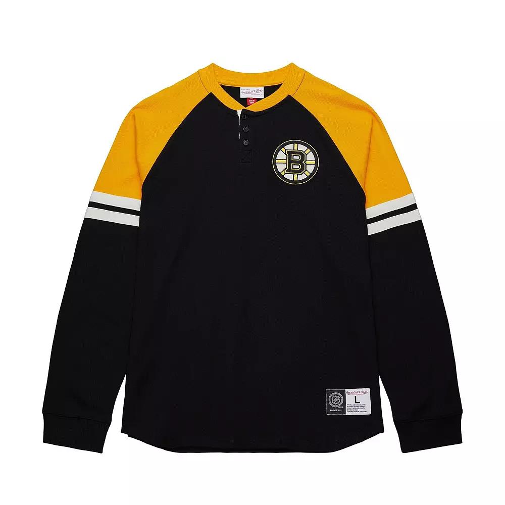 Men's Mitchell & Ness Black Boston Bruins Thermal Henley Long Sleeve T-Shirt,  Product Image