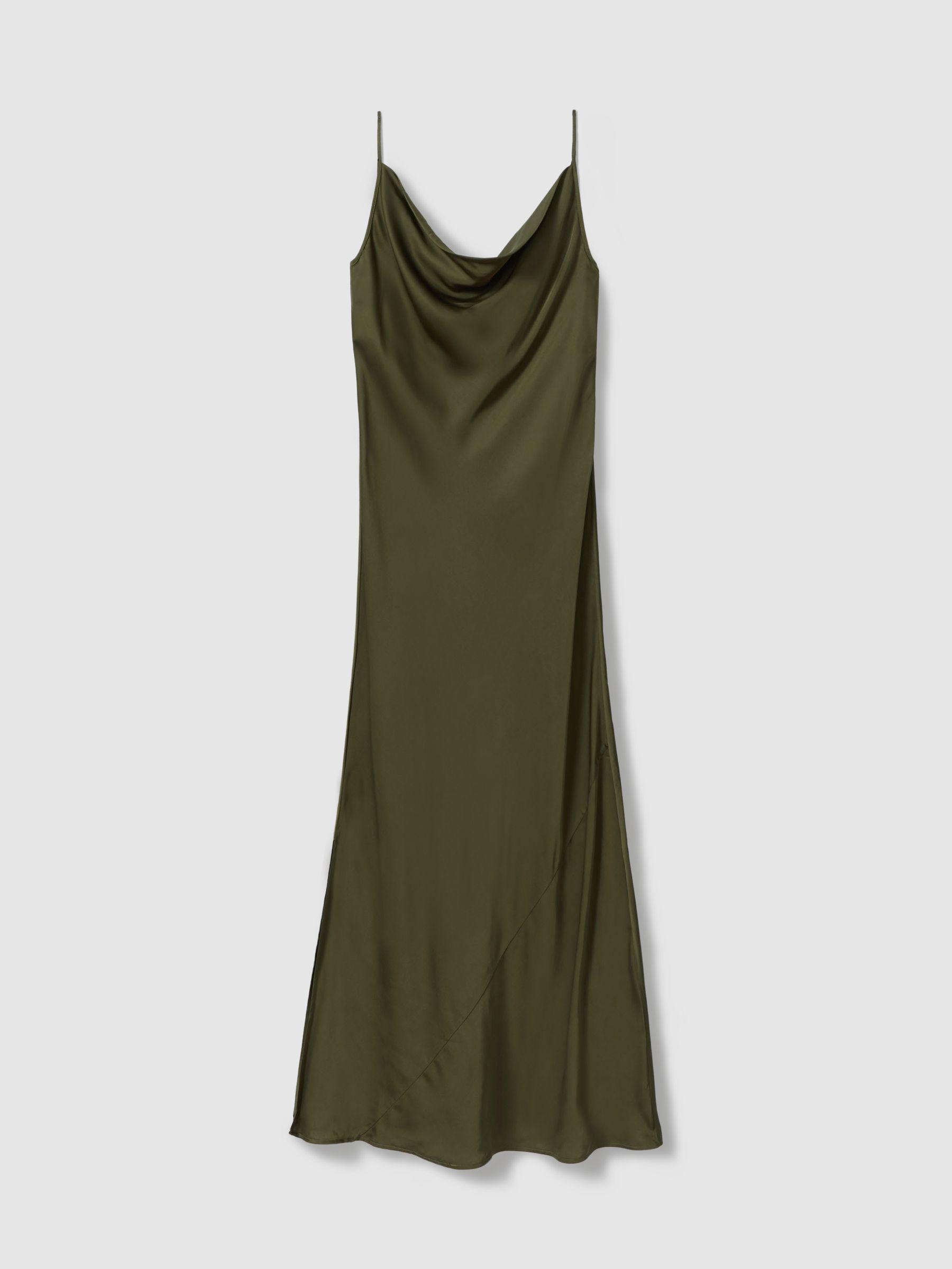 Satin Cowl Neck Midi Dress in Khaki Product Image
