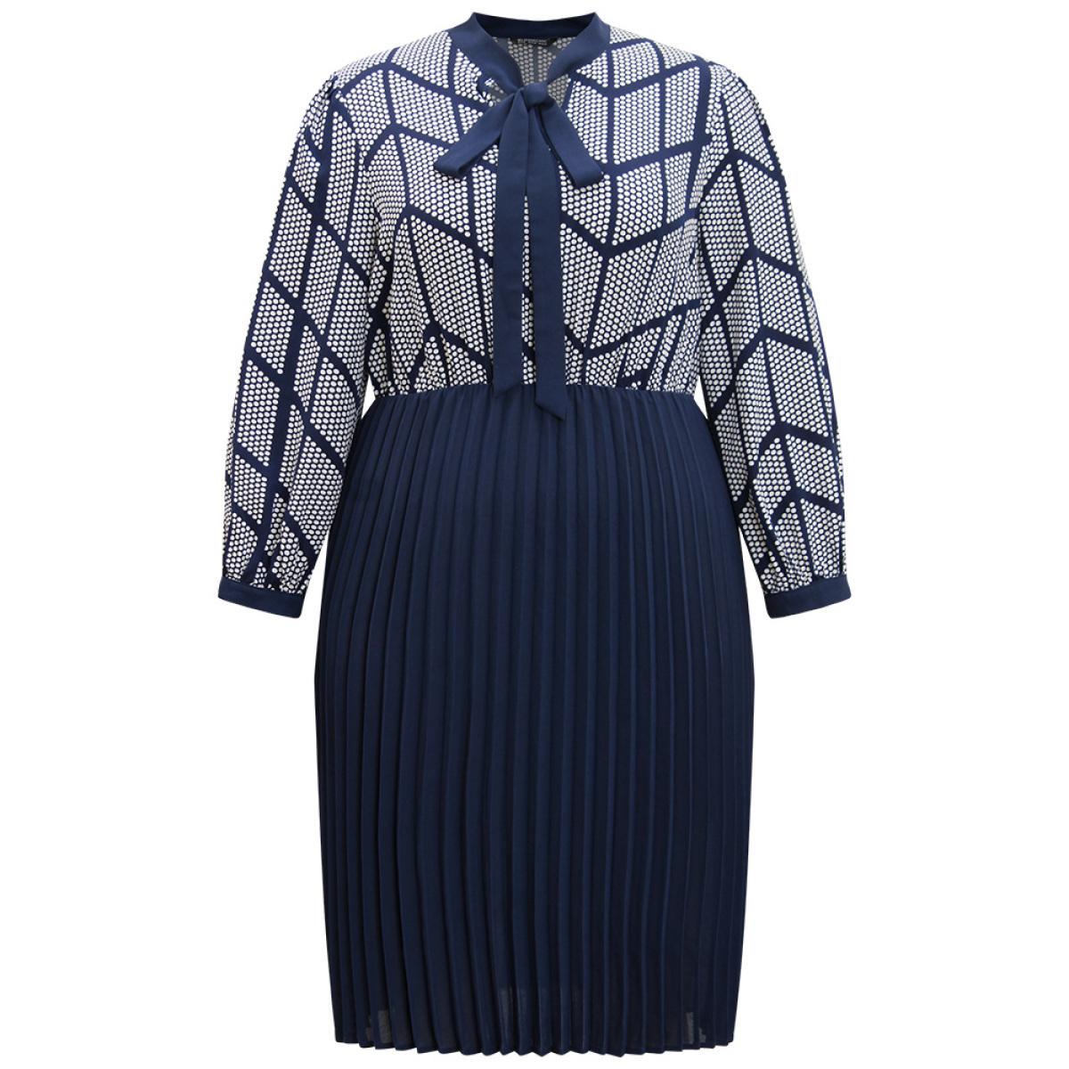 Plus Size Contrast Patchwork Ties Pleated Dress Indigo Women Office Printed Tie Neck Long Sleeve Curvy Midi Dress BloomChic 30/6X Product Image