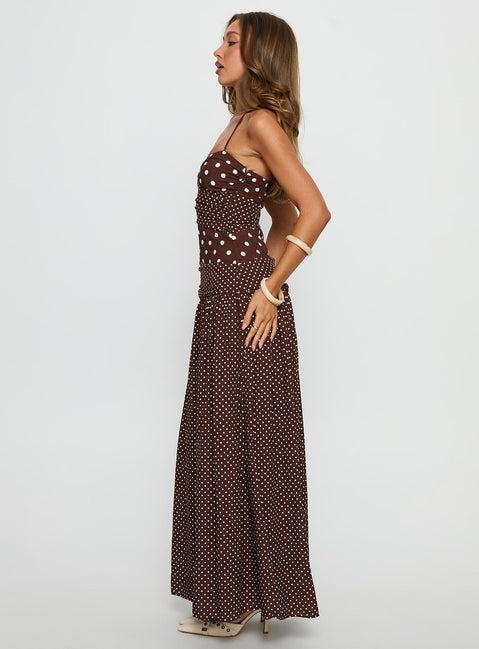 Marguerite Halter Maxi Dress Brown Polka Dot Product Image