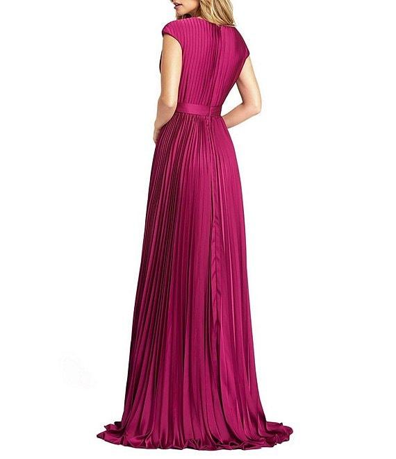 Mac Duggal Pleated Deep V-Neck Cap Sleeve Belted Gown Product Image