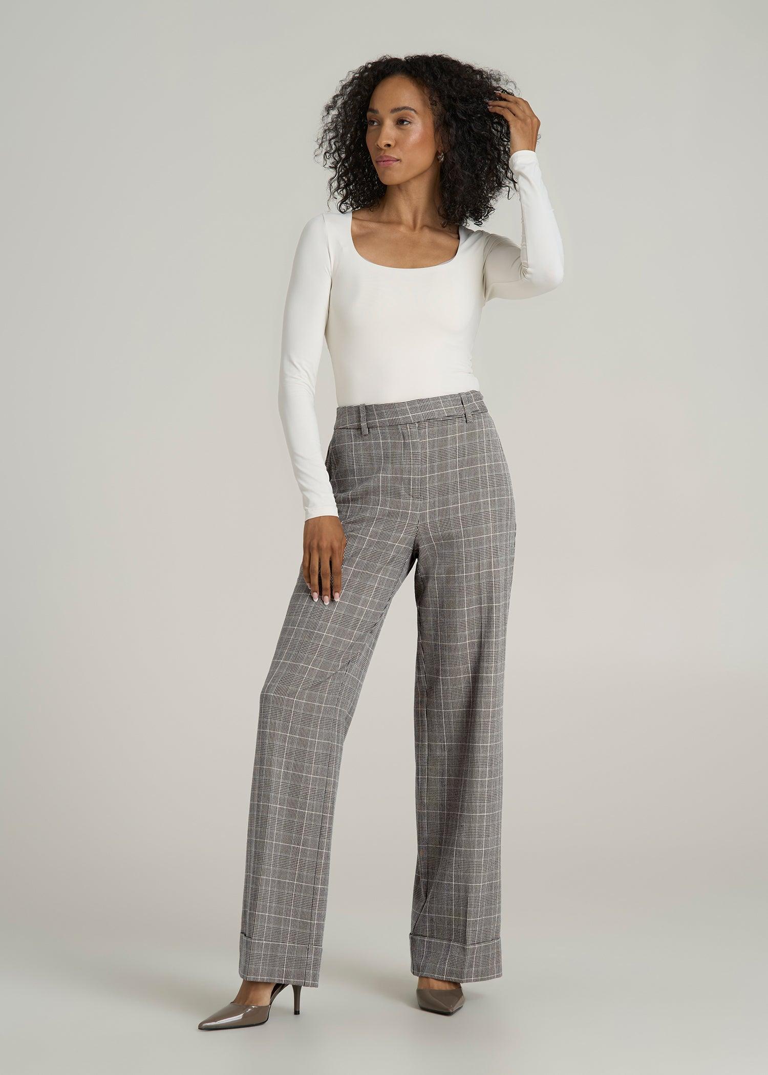 Wide-Leg Cuffed Pants for Tall Women in Navy Houndstooth with Teal Female Product Image