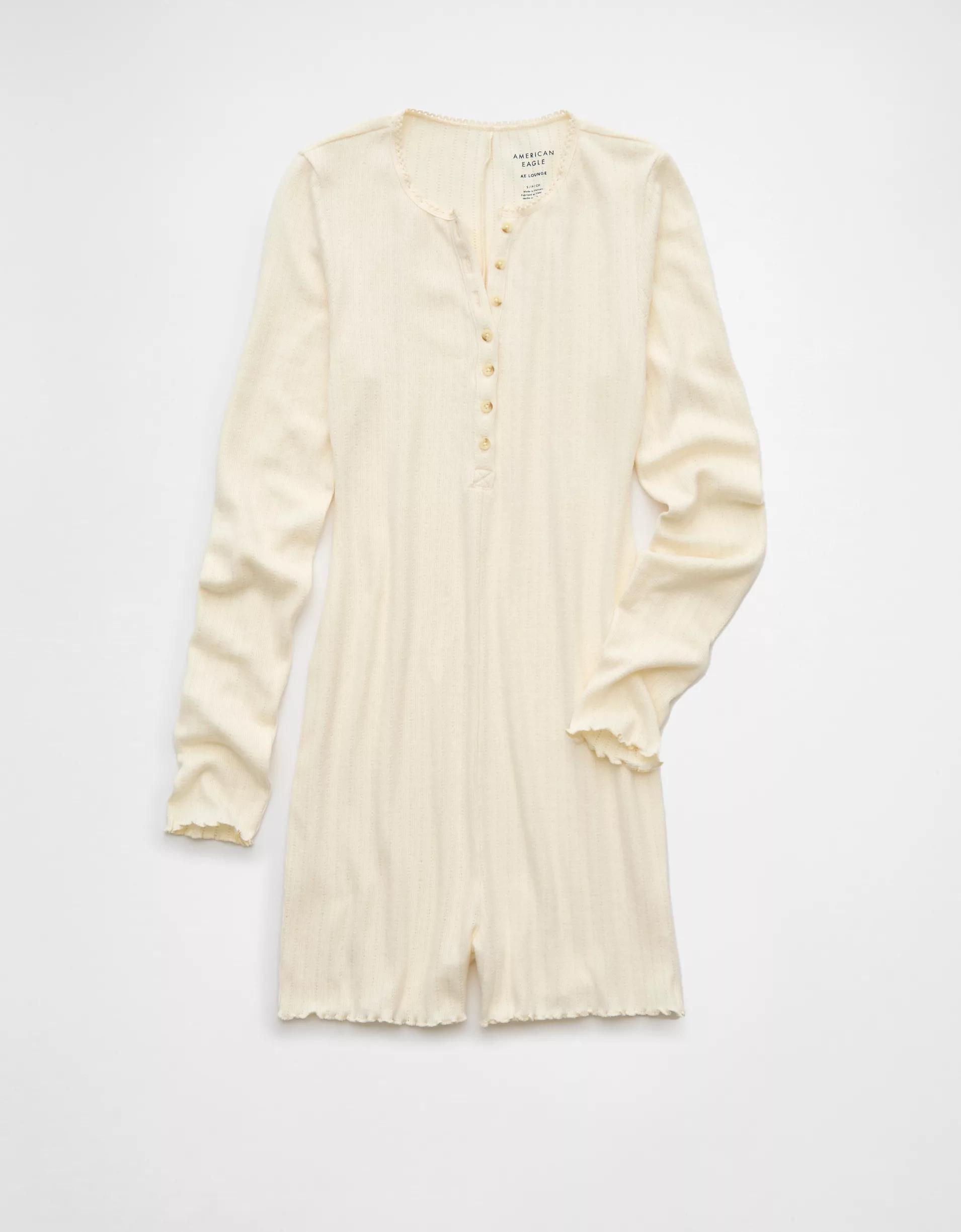 AE Long-Sleeve Henley Lounge Romper Product Image