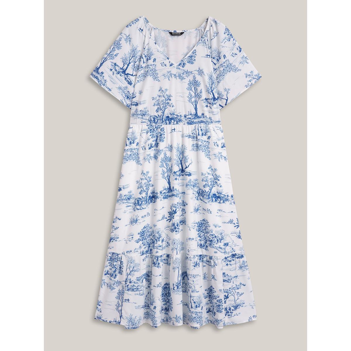 Plus Size Spring Dreams Stretchy-Waist Midi Dress LightBlue Women Elegant Gathered V-neck Short sleeve Curvy BloomChic 18-20/2X Product Image