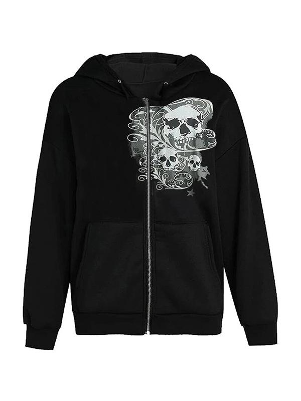 Halloween Skull Print Zip Up Drawstring Oversized Hoodie Product Image