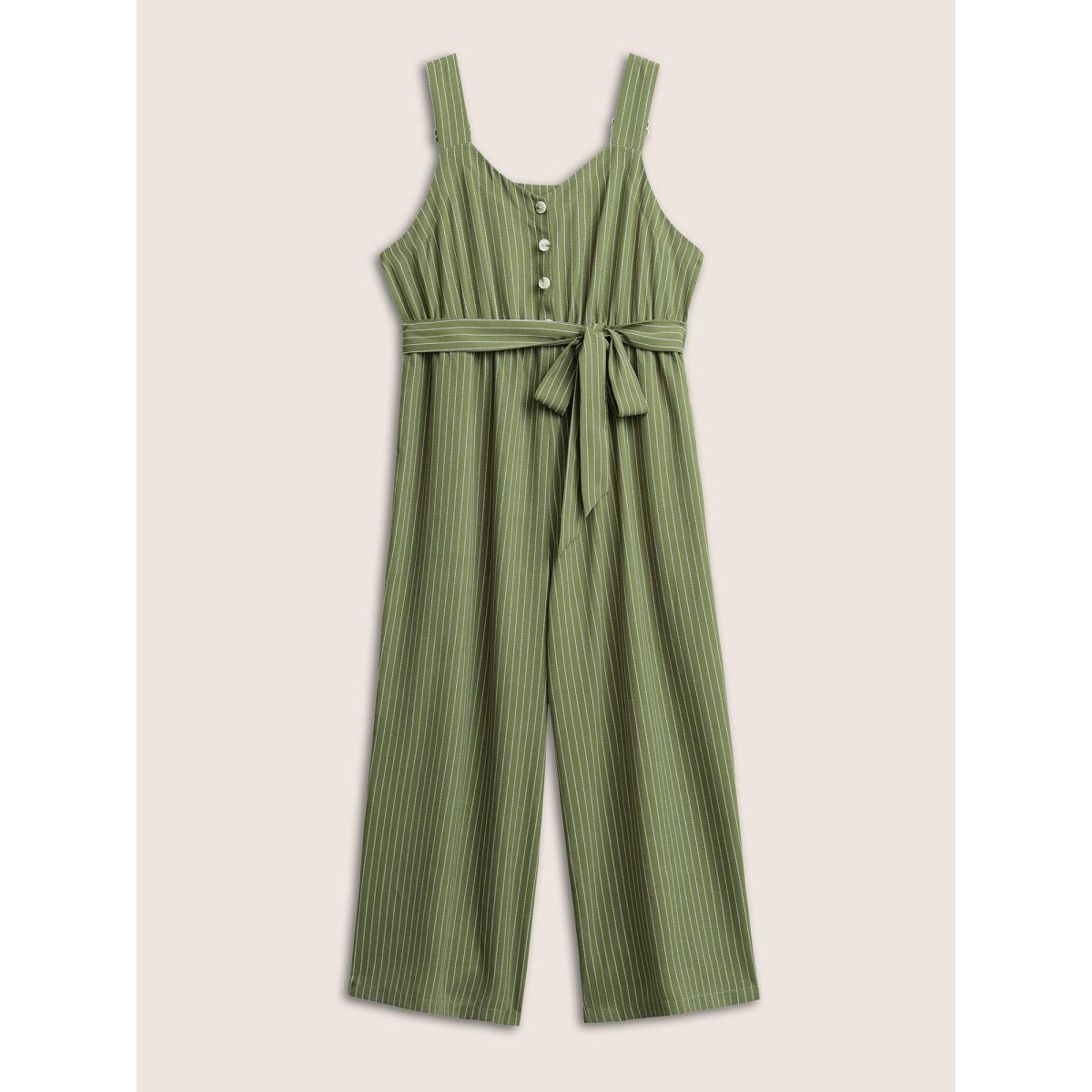 Plus Size Moss Striped Belted Elastic Waist Adjustable Straps Jumpsuit Women Casual Sleeveless Non Everyday Loose Jumpsuits BloomChic 28/5X Product Image