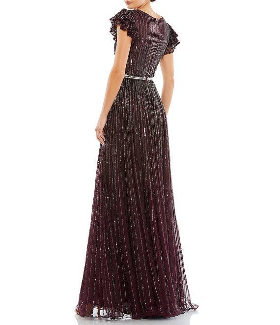 Mac Duggal Sequin Wrap Over Surplice V-Neck Ruffle Cap Sleeve Gown Product Image