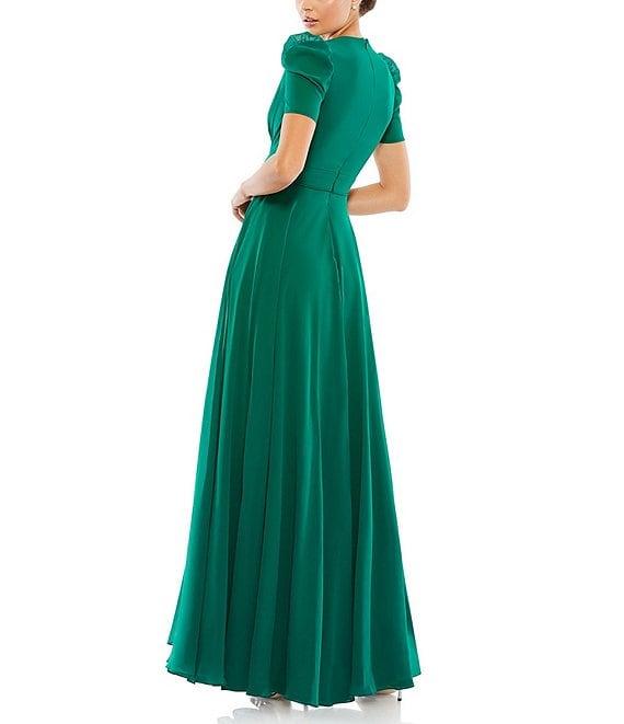 Mac Duggal Plunge V-Neck Ruched Puff Short Sleeve Gown Product Image