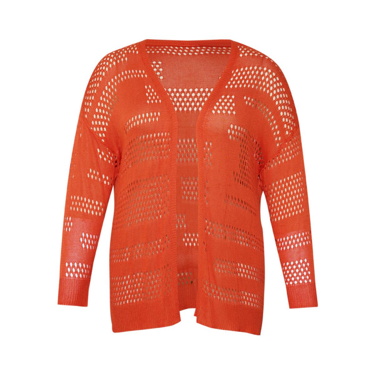 Plus Size Plain Open Front Elastic Sleeve Cut Out Cardigan Scarlet Women Casual Loose Long Sleeve Everyday Cardigans BloomChic 12/L Product Image